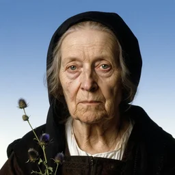 close up frontal portrait of a dying old woman. thistle, clear gradient sky. jan van eyck