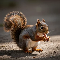 squirrel eating sausage, dramatic lighting, photography