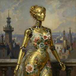 brass semi - mechanical woman, portrait, floral art novuea dress, art by ardian syaf and moebius, william adolphe bouguereau, in steampunk cityscape