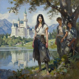 oil painting by ilya kuvshinov,, baugh casey, artgerm craig mullins, sakimi, coby whitmore, of a youthful japanese girl, long hair, female warrior in the alps, fullbody, highly detailed, otherworldly face, disney palace in background studio photography, noon, intense bounced light, water reflection, large tree casting shadow, by zack snyder
