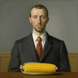 The Son of Man painting by Rene Magritte but with an corn cob instead of an apple