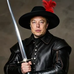 photo of elon musk as a musketeer, he has a big black hat with a red feather, he is holding a shiny rapier sword and he is looking straight to the camera