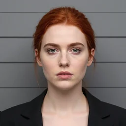criminal mugshot. fancy attire. close symmetrical centered looking at viewer mugshot head portrait photograph of pretty attractive charismatic nefarious redhead lady crime boss dame with attitude. pulp style digital. norman rockwell, artgerm, greg rutkowski, sakimichan, sakimichan, alphonse mucha. artstation. sharp focus.