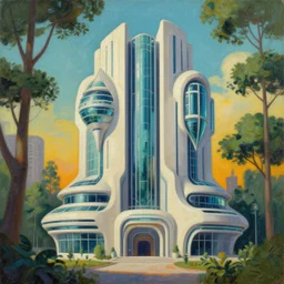 a painting of a futuristic building surrounded by trees, an art deco painting by Beeple, cgsociety, retrofuturism, artstation hq, matte painting, biomorphic