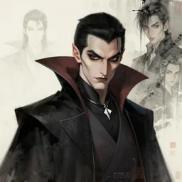 sharp hq rendering, dark vampire, character portrait, concept art, painterly, fanart, highly detailed in the style of wlop by ilya kuvshinov, wenjun lin, sakimichan, angular asymmetrical design, chinese artist, eastern art style, nixeu