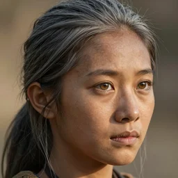 Gray, greasy hair tight in a ponytail reveals a full, warm face. Glistening hazel eyes, set deep within their sockets, watch watchfully over the tribe they've nearly died for for so long.