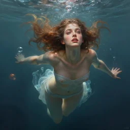 hyper realist matte digital painting of a young beautiful woman, floating in water, bubbles rising, fantasy art, photo realistic, dynamic lighting, artstation, volumetric lighting, by mucha, by charlie bowater, by karol bak, by alma tadema