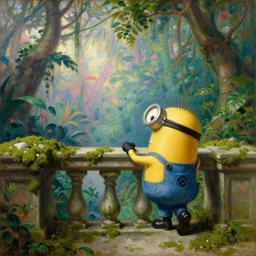 a renaissance oil painting by alma tadema of a minion turned back on a stone balcony covered in moss with over shoulder view on a magical jungle, colourful pastel, detailed academic bouguereau, sharp focus, long shot