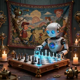 a beautiful tapestry, a small robot playing a futuristic holographic chess game, ultra detailed, dystopian lighting, steampunk, moody, candles, characters from machinarium, by don bluth, trending on artstation, octane render, 8 k, ultra realistic
