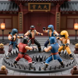 photo of figma figures inside a diorama, depicting the cute chibi fighters of mortal kombat brutally fighting each other inside a shaolin temple above a spike - pit.