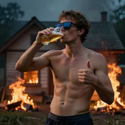 a beautiful portrait of an emotionally - detached bloke drinking beer, wearing a pair of futuristic sunglasses and his underwear, being unfazed by the fact that his house is on fire, giving the thumbs up, photography, volumetric lighting, 8 k