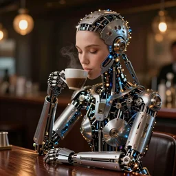 a robotic lady made out of thousands of tiny mechanical components with an occasional led light sitting at a bar drinking from a cup of coffee. Very detailed.