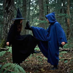 man wearing blue hood kicking a witch in a forest, 1 9 9 1, movie still