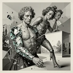 broken body armoured with small shards of glass, avant garde monumental dynamic illustration by magritte and edward hopper, illusion surreal art, highly conceptual figurative art, intricate detailed illustration, controversial poster art, polish poster art, geometrical drawings, no blur