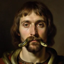 close up, classic painting of medieval man with snakes instead of a moustache, hyper realism, dark palette