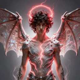 young punk rock man with dark brown waist length curly hair and glowing halo of red lightning, giant see through bat wings, ethereal, dramatic lighting, intricate, elegant, highly detailed, digital painting, artstation, concept art, smooth, sharp focus, illustration, art by Krenz Cushart and Artem Demura and alphonse mucha