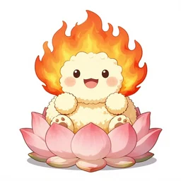 fluffy popcorn anime character with a smiling face and flames for hair, sitting on a lotus flower, clean composition, symmetrical