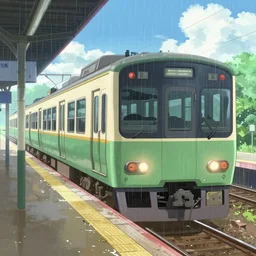 one train at the station, the movie the garden of words by makoto shinkai, bright color, light rain, moist, 8 k, unreal engine