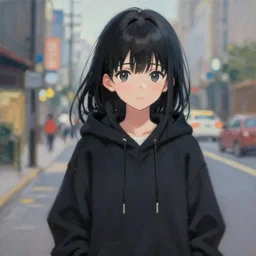 black haired girl wearing hoodie, city, anime key visual, pixiv ranking, oil painting