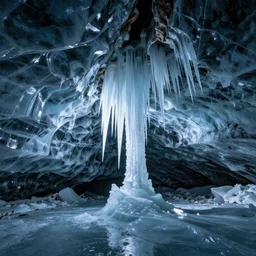 an ice cave in iceland, glacial ice, yakutsk frozen ice cave, stalagmites, icicles, deep cave