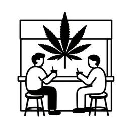 hand - drawn minimalistic line cartoon of cannabis cafe setup, black and white, pictogram, ink, pencil