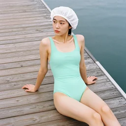 a film photography of a woman slender, wearing a mint green one-piece swimsuit, wearing a white shower cap, sitting on a wood dock, low angle 50mm medium shot, Kodak Portra film 800, Leica M6 film camera, light film grain, Lying on back, perpendicular to the camera