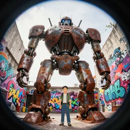 memorable animation key shot, fish eye lens, intricate, standing under the rusty robot schwerer gustav!!!!, backlit, bold graffiti!!!!!, street art!!, mural, red paint, ambient occlusion, studio ghibli, pixar, disney concept art watercolor illustration by craig mullins, dean cornwell, nc wyeth, satoshi kon!