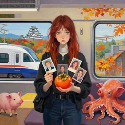 tall emo girl artist holding small portraits and a persimmon on a train, on shinkansen in japan, odawara station, odawara castle, autumn leaves, pigs, octopus, acrylic on canvas, surrealist, by magritte and monet