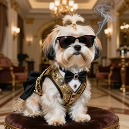 a fine portrait of a havanese dog dressed in fancy expensive designer clothes  with  dark glasses smoking in a luxurious hotel, ultrarealistic, real fantastic magic art, 16K