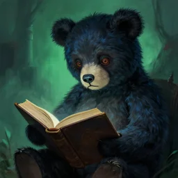 a teddy bear reading from a demonic book, highly detailed, gloomy, digital painting, trending on artstation, concept art, sharp focus, illustration, art by alphonse mucha and kaethe butcher and krenz cushart, black and blue and green color scheme