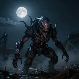 An dramatic shot of an badass MIB encountering an unexplainable lifeform for the first time at night, with the moon out, detailed, ominous