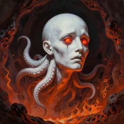 painting by wayne barlowe of a flying sorrowful looking severed human head with tears running down it's eyes, face that is chalk white in color, with long sprawling white tentacles stemming down it's neck, fiery scorching red eyes, flying in a terrying hellish cave with lave flowing through it's walls, hd, 4 k, intricate, trending on artstation
