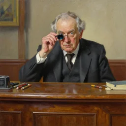 palette knife oil painting portrait of graham, an old fellow in a three - piece suit and monocle, peering over from his heavy, lacquered oak reception desk, extreme detail, artstation trending, artgerm, any racial background, deviant art, octane, substance, art history 8 k