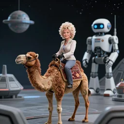 Dolly Parton is riding a camel in a Star Wars space ship, minimal, space, electronic, robot, depth of field