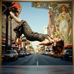 photography of gregory crewdson, 1 9 7 6 portrait of a woman floating in the air, background is a vegas street scene, deep focus, intricate, elegant, highly detailed, artstation, concept art, matte, sharp focus, art by artgerm and greg rutkowski and alphonse mucha