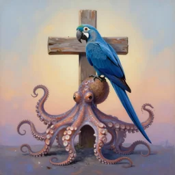 painting of cross between coconut octopus & blue macaw, intercrossed animal, by zdzislaw beksinski, by tiffany bozic, cold hue's, warm tone gradient background, concept art, beautiful composition, digital painting,