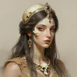 stunning algerian goddess of skull portrait, bones, skull, dirt, fantasy, intricate, elegant, highly detailed, digital painting, artstation, concept art, smooth, sharp focus, illustration, art by afshar petros and krenz cushart and artem demura