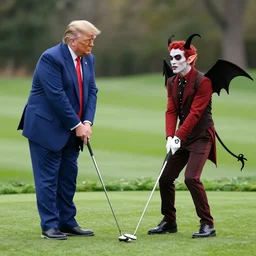 donald trump and satan having fun at the putting green, 4 k detailed pphoto