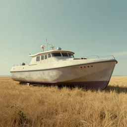 a large boat sitting on top of a dry grass field, a detailed matte painting by Mike Winkelmann, trending on cgsociety, retrofuturism, rendered in unreal engine, matte painting, octane render