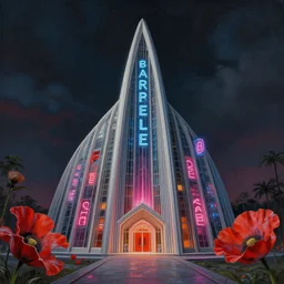 a beautiful hyperdetailed painting of chapel building by buckminster fuller, hyperrealism tron darkacademia water neon signs poppy, archdaily, wallpaper, highly detailed, trending on artstation.