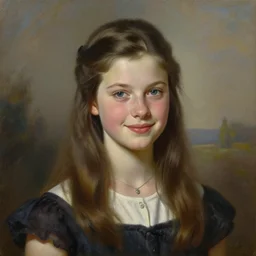 a portrait painting of the daughter of john wayne and susanne summers, oil painting, gentle expression, smiling, elegant clothing, scenic background, unreal 5. rpg portrait, extremely detailed and lifelike, artgerm, greg rutkowski, alphonse mucha, vladimir volegov, adolphe bouguereaum, greg hildebrandt, tim hildebrandt