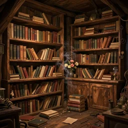 there are many books and bookshelves in a warm hut, flowers, smoke, detailed, mysterious, comfort, in the style of aetherpunk