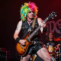 a photo of an american german pshyco guitarist wearing a colourful wig and leather shorts