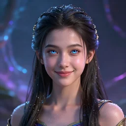 Teenage female Mage, outdoors lighting, astral background, symmetrical face and body, confident, smile, detailed moisture, detailed droplets, detailed intricate hair strands, DSLR, ray tracing reflections, eye reflections, focused, unreal engine 5, vfx, post processing, post production, Arcane Style, 8k