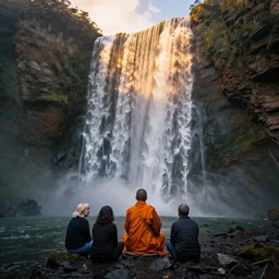 dang ngo, annie leibovitz, steve mccurry, a simply breathtaking shot of mediating monk in orange, giantic waterfall, sunshine, golden ratio, wide shot, symmetrical