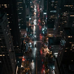 a city street at night, raining, photograph, cyberpunk, sharp focus, intricate detail, Desolate, dystopian wasteland, drone shot,