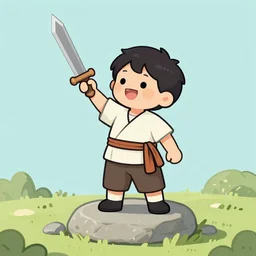 A small kid standing on a stone and waving a wooden sword, digital art, illustration