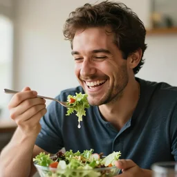 a stock photo of a man laughing while eating salad,photorealistoc,4k,detailed face