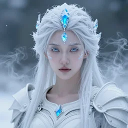 ice goddess with beautiful face with a glowing blue crystal on her forehead, frosty white eyes, winter mist around her, white plated armor, pale skin, white smoke