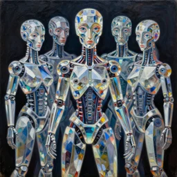 intricate five crystal cybernetic being by pablo picasso, oil on canvas, hdr, high detail, photo realistic, hyperrealism, matte finish, high contrast, 3 d depth, centered, masterpiece, vivid and vibrant colors, enhanced light effect, enhanced eye detail, artstationhd